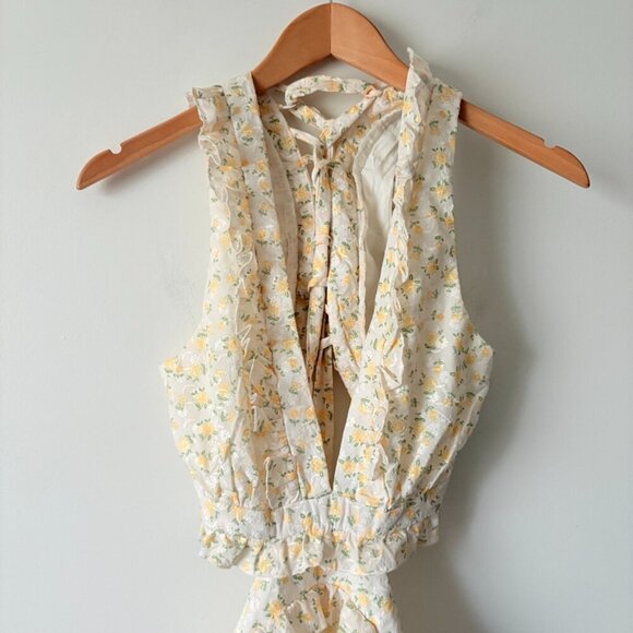 Mable Lexi Eyelet Lace Up Ruffle Cut Out Mini Dress Yellow Floral Size Small - Picture 8 of 12